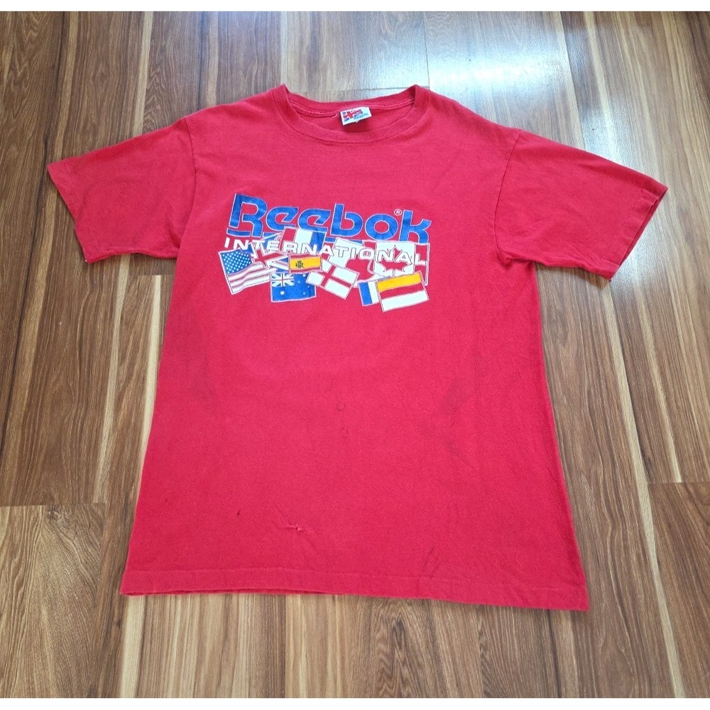 Vtg Thrashed Reebok T Shirt Men's Medium Streetwear Bloke Core Logo Flags Red